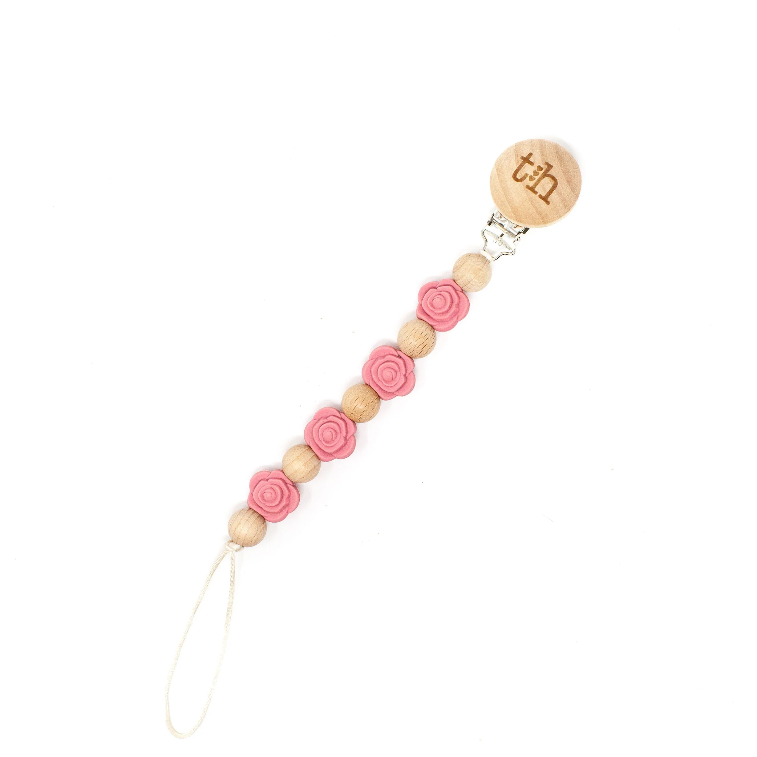 Three Hearts Grande Rosette Pacifier Clip - BPA Free Silicone & Natural Beech Wood - Image 2
