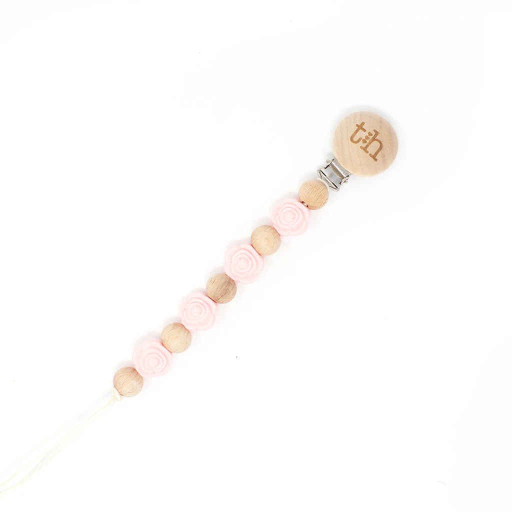 Three Hearts Grande Rosette Pacifier Clip - BPA Free Silicone & Natural Beech Wood - Image 3